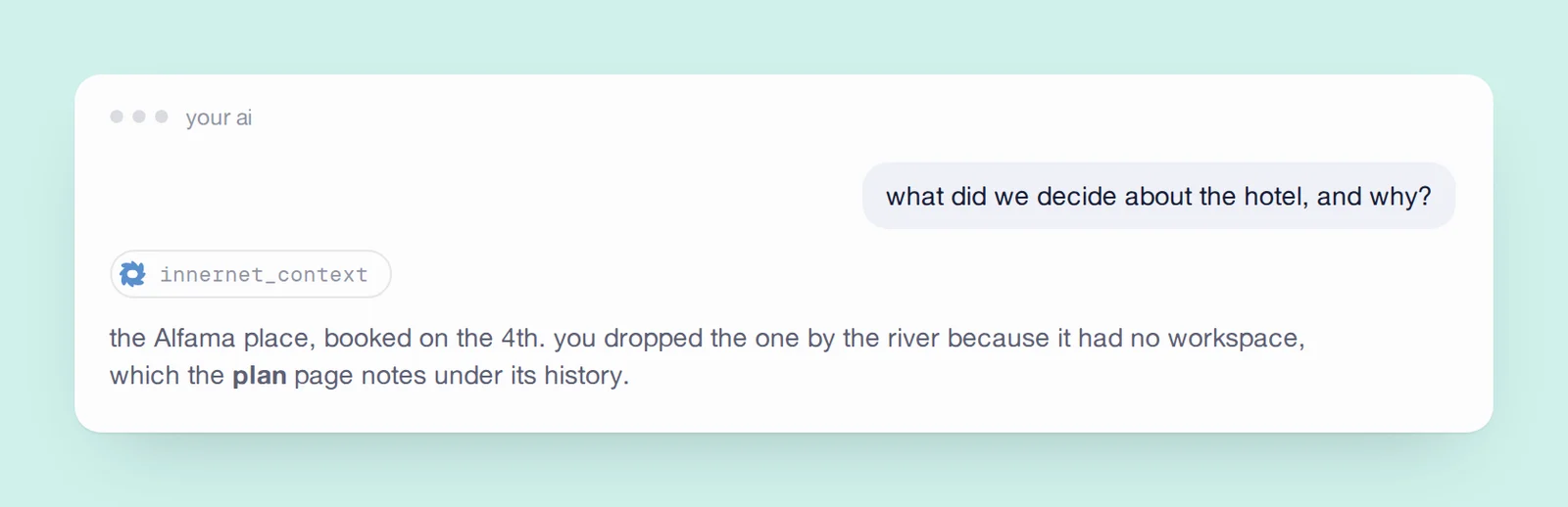the ai hands your question to innernet word for word, and answers from what comes back.